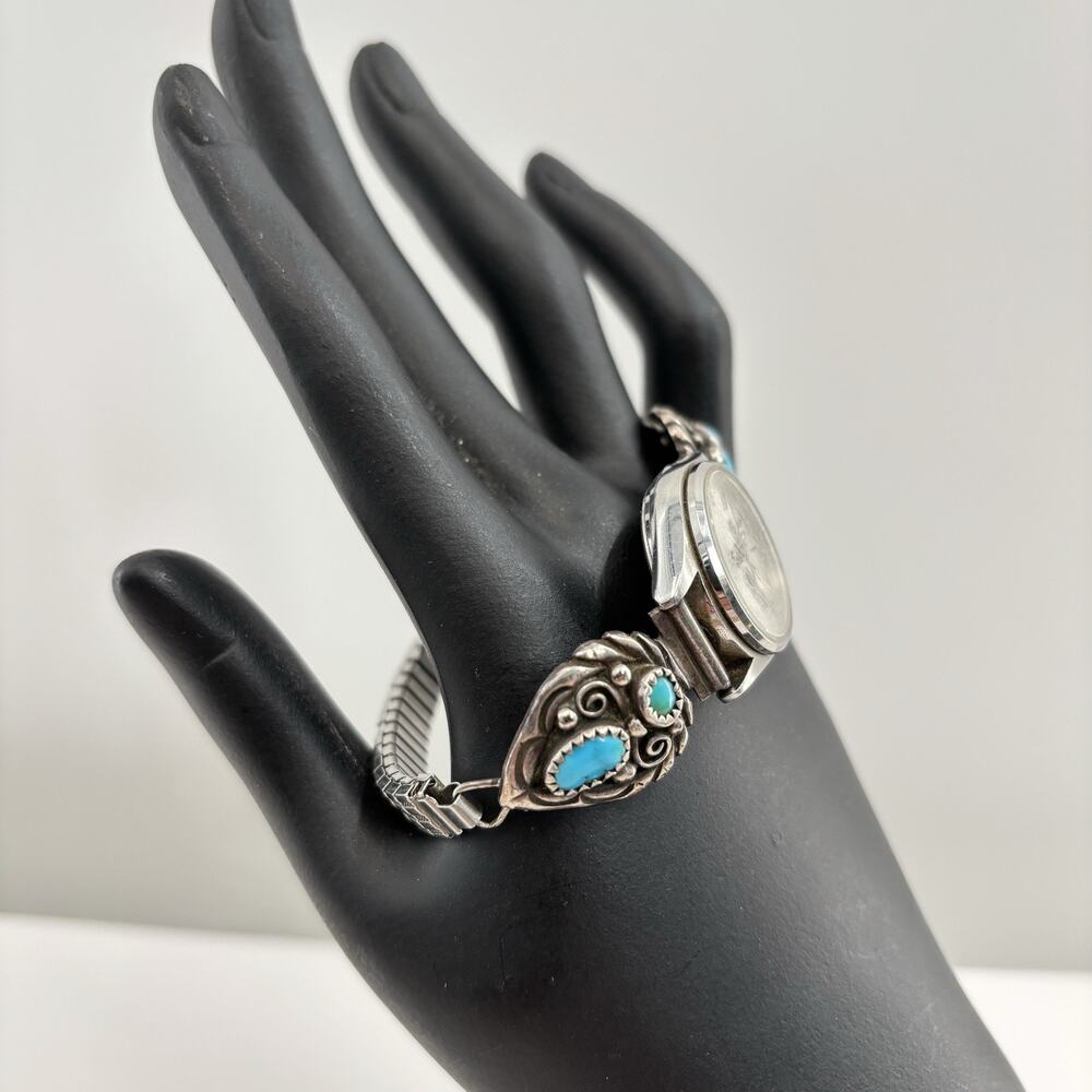 Vtg Seiko Quartz Watch Sterling Silver Turquoise Watch Tips Southwestern Navajo - Picture 5 of 13